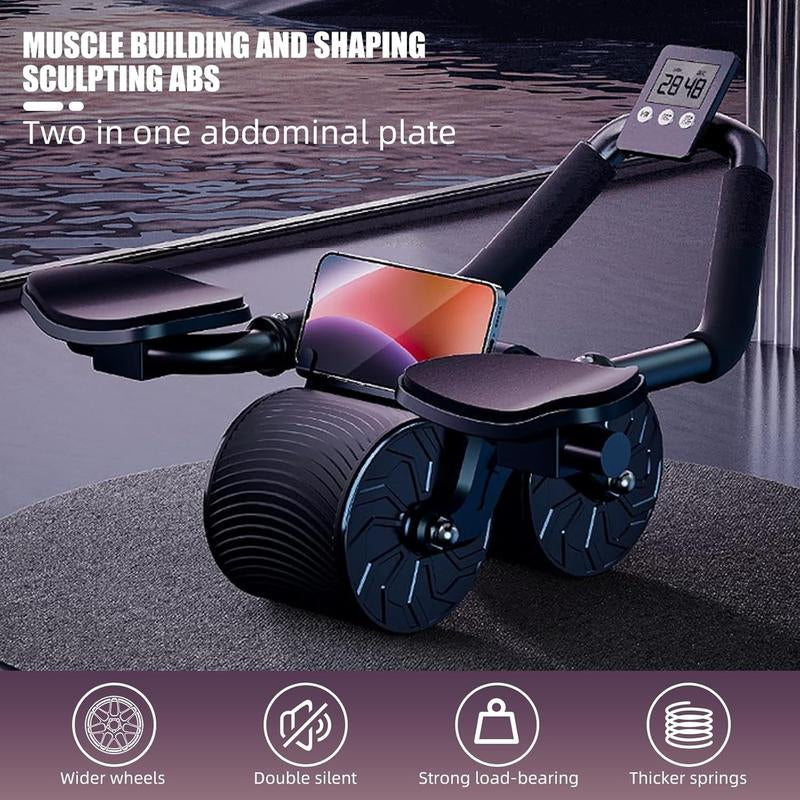Ab Roller Wheel Workout Abdominal Fitness Wheel for Core Muscles Training with Digital Timer Phone Holder Smart Rebound Dual-Wheel Design Eco-Friendly Build Maquina Abdominal